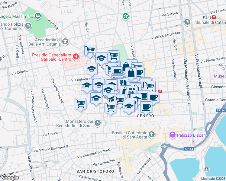 map of restaurants, bars, coffee shops, grocery stores, and more near in Catania