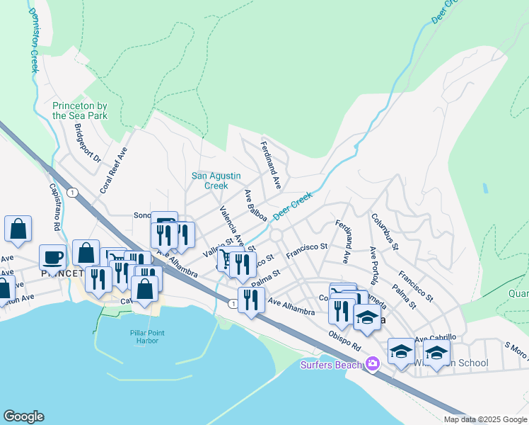 map of restaurants, bars, coffee shops, grocery stores, and more near 608 Avenue Balboa in Half Moon Bay