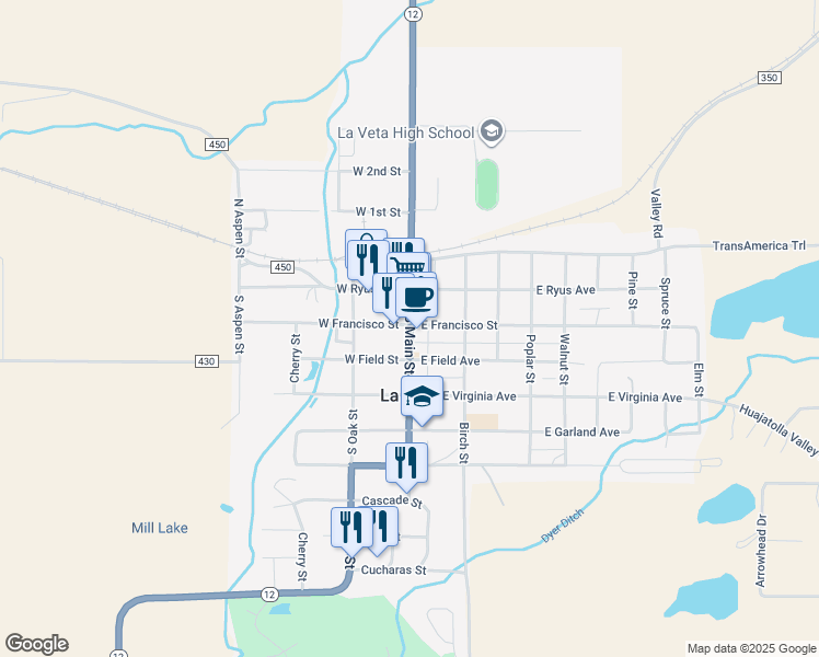 map of restaurants, bars, coffee shops, grocery stores, and more near 314 South Main Street in La Veta