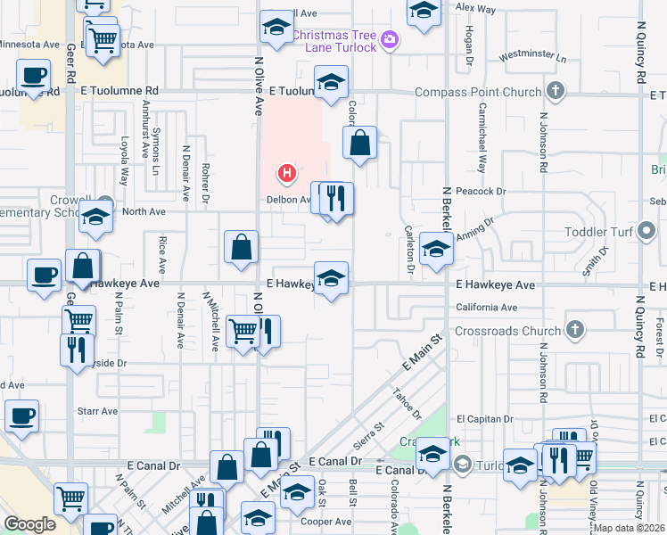 map of restaurants, bars, coffee shops, grocery stores, and more near 1069 East Hawkeye Avenue in Turlock