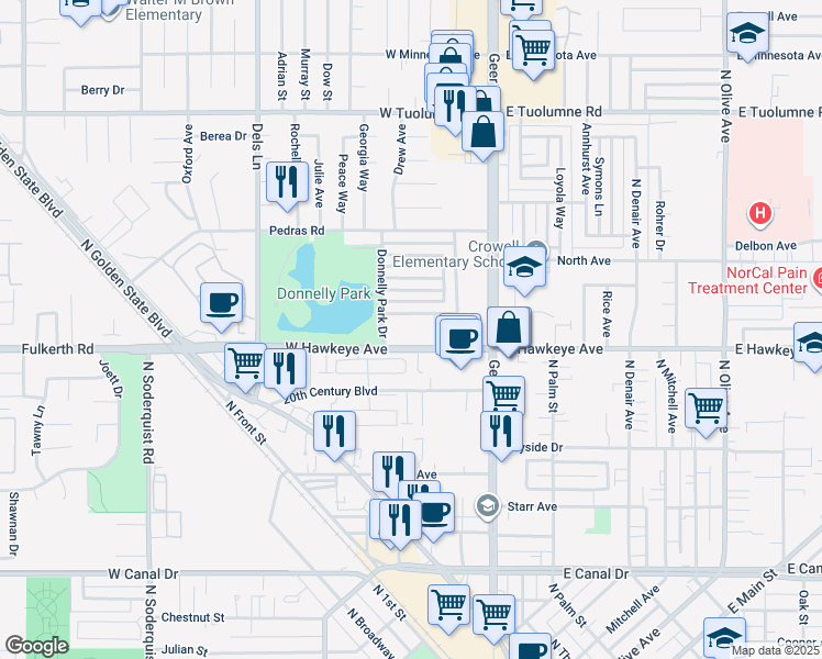 map of restaurants, bars, coffee shops, grocery stores, and more near 381 West Hawkeye Avenue in Turlock