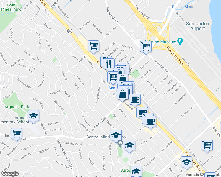 map of restaurants, bars, coffee shops, grocery stores, and more near 1290 Holly Street in San Carlos