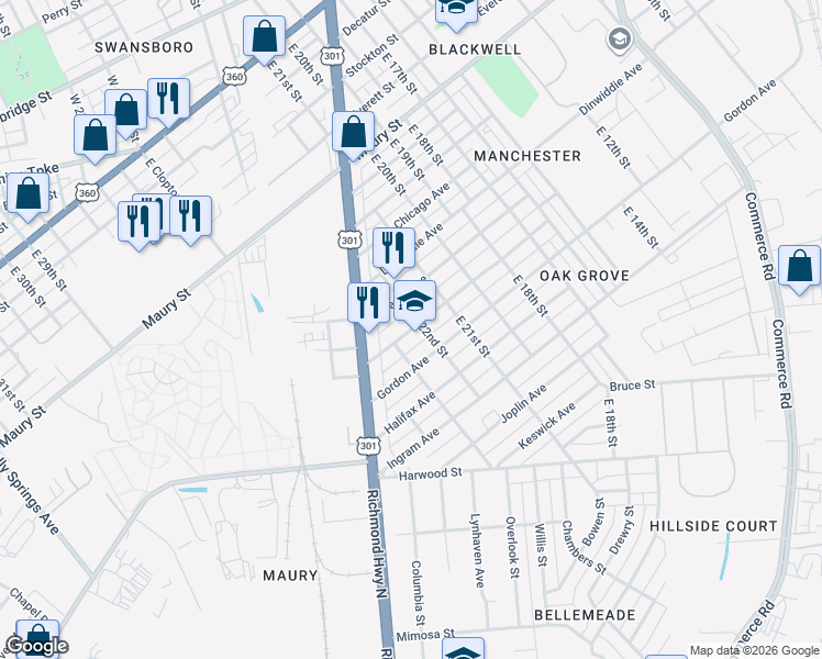 map of restaurants, bars, coffee shops, grocery stores, and more near 2207 Gordon Avenue in Richmond