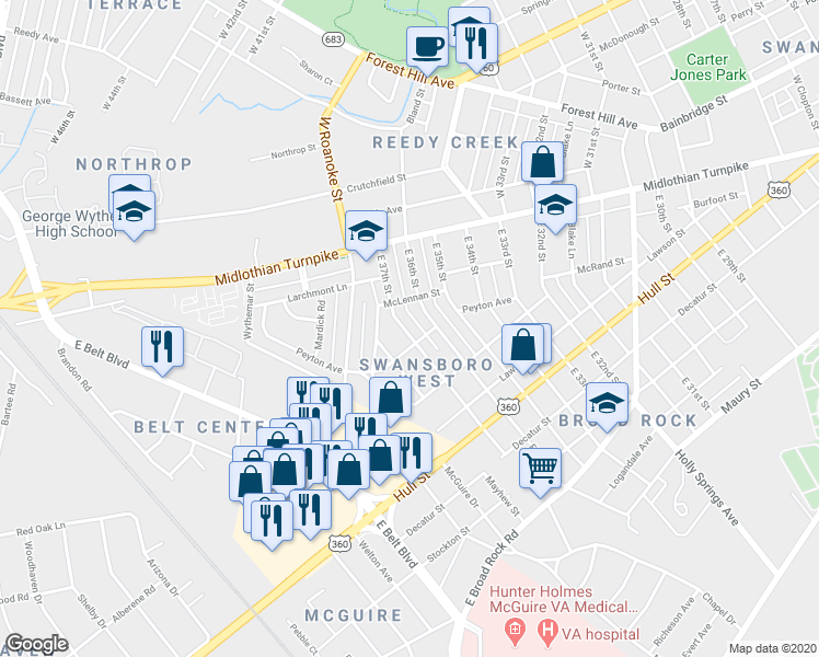 map of restaurants, bars, coffee shops, grocery stores, and more near 113 East 37th Street in Richmond