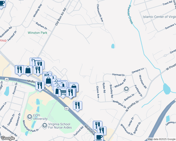 map of restaurants, bars, coffee shops, grocery stores, and more near 9603 Benbow Court in Bon Air