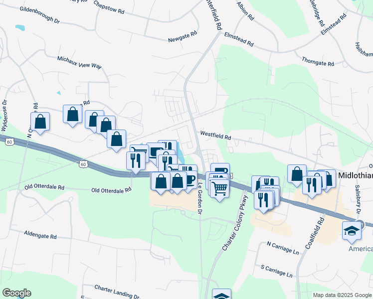 map of restaurants, bars, coffee shops, grocery stores, and more near 1100 Winterlake Drive in Midlothian