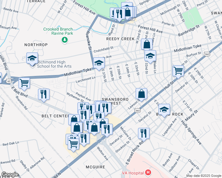 map of restaurants, bars, coffee shops, grocery stores, and more near 109 East 37th Street in Richmond