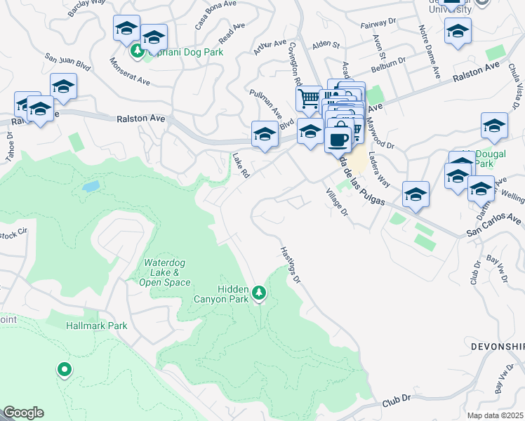 map of restaurants, bars, coffee shops, grocery stores, and more near 2 Cliffside Court in Belmont