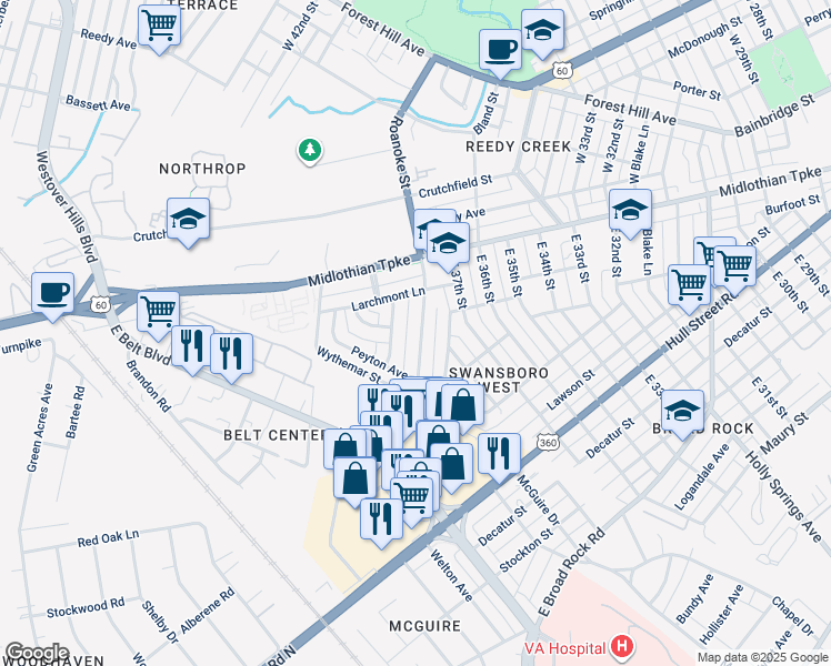 map of restaurants, bars, coffee shops, grocery stores, and more near 114 E Roanoke St in Richmond