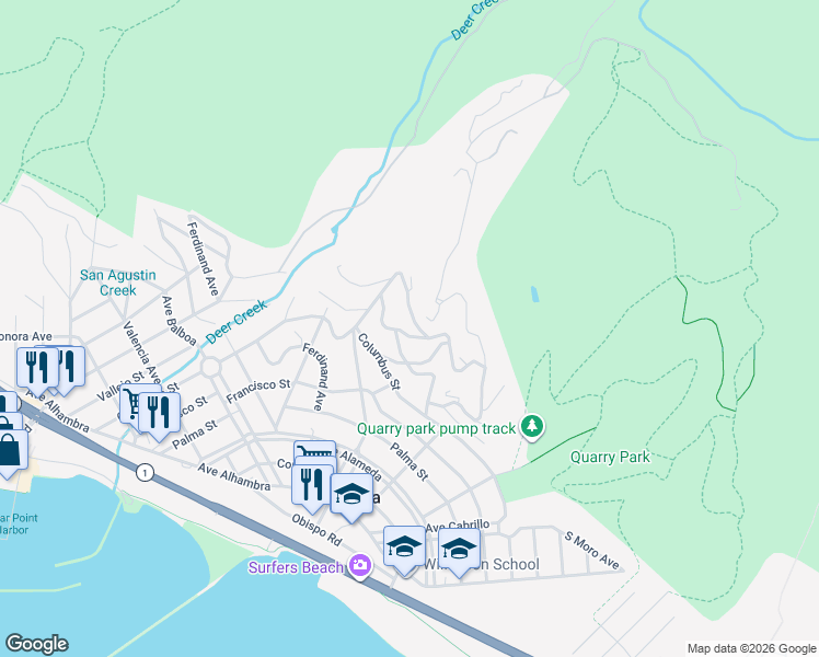 map of restaurants, bars, coffee shops, grocery stores, and more near 115 Del Monte Road in El Granada