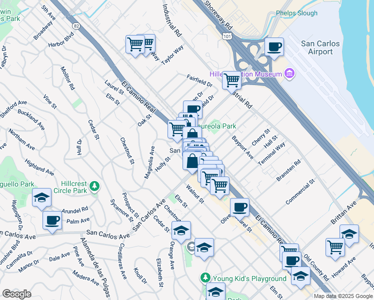 map of restaurants, bars, coffee shops, grocery stores, and more near 520 El Camino Real in San Carlos
