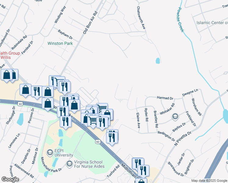 map of restaurants, bars, coffee shops, grocery stores, and more near 9707 Snowhill Road in Richmond