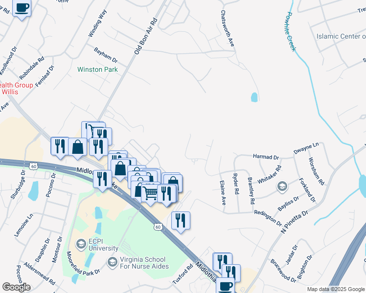 map of restaurants, bars, coffee shops, grocery stores, and more near 9707 Snowhill Road in Richmond