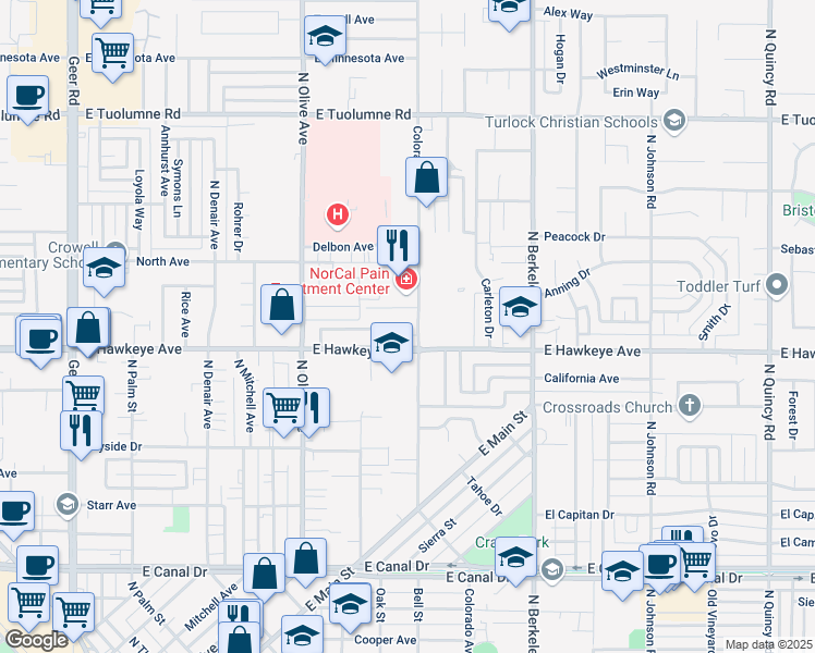 map of restaurants, bars, coffee shops, grocery stores, and more near 1069 East Hawkeye Avenue in Turlock