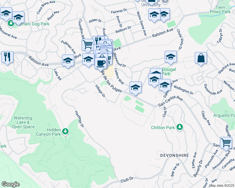 map of restaurants, bars, coffee shops, grocery stores, and more near 2120 Valerga Drive in Belmont