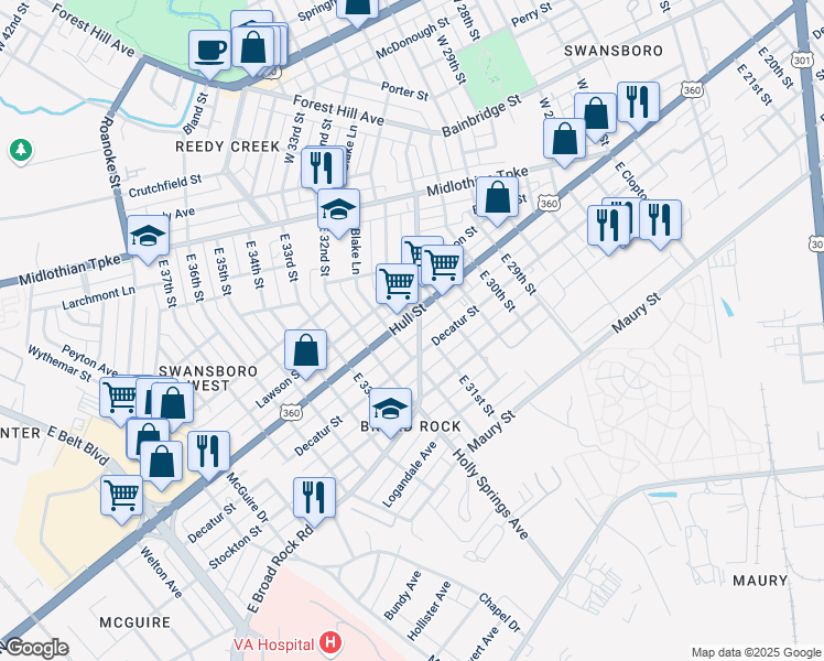 map of restaurants, bars, coffee shops, grocery stores, and more near 3102 Decatur Street in Richmond
