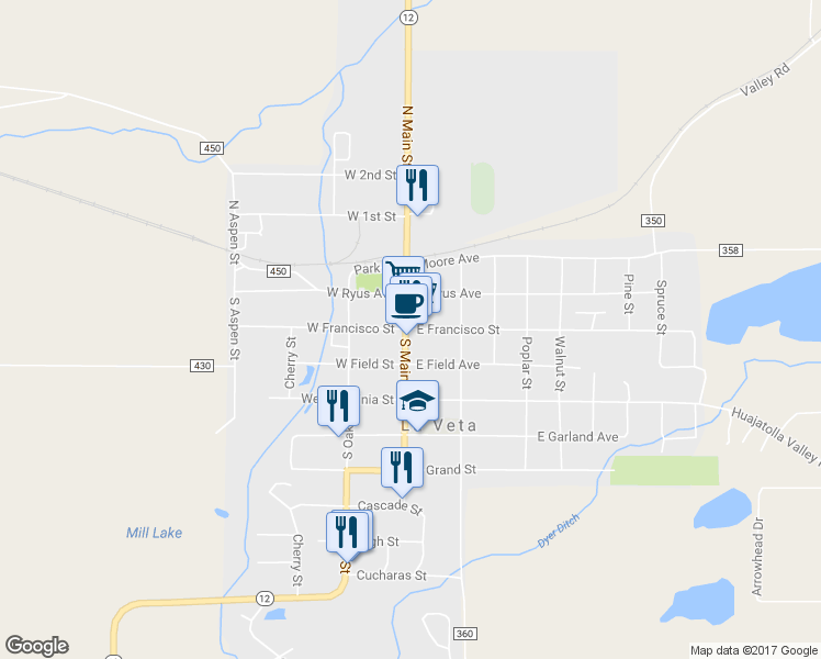 map of restaurants, bars, coffee shops, grocery stores, and more near 106 E Francisco St in La Veta