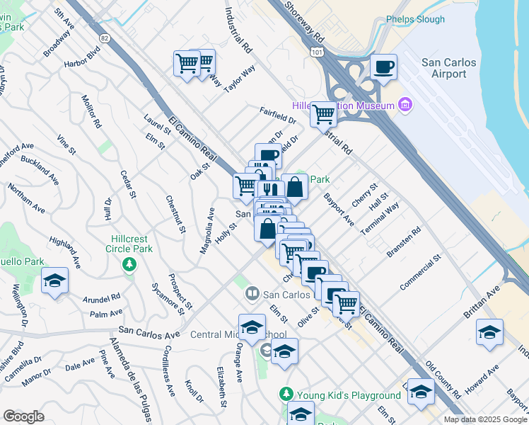 map of restaurants, bars, coffee shops, grocery stores, and more near 520 El Camino Real in San Carlos