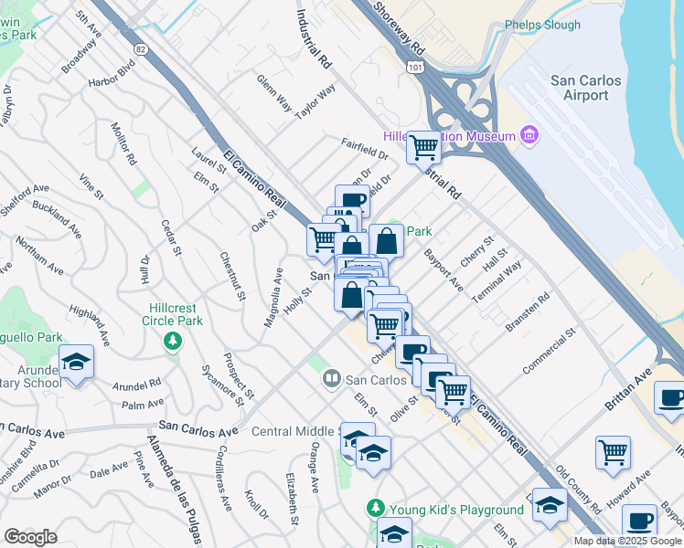 map of restaurants, bars, coffee shops, grocery stores, and more near 533 Laurel Street in San Carlos