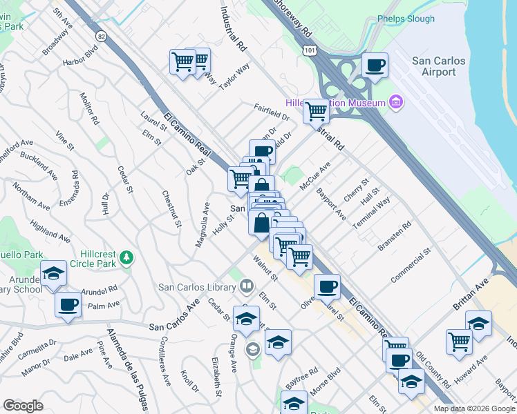 map of restaurants, bars, coffee shops, grocery stores, and more near 520 El Camino Real in San Carlos