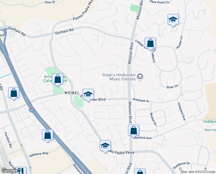 map of restaurants, bars, coffee shops, grocery stores, and more near 45075 Manzanita Court in Fremont