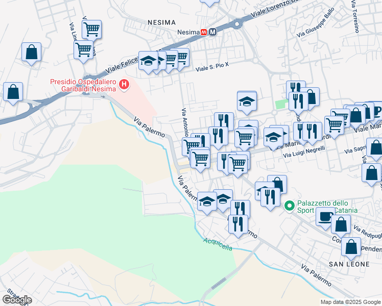 map of restaurants, bars, coffee shops, grocery stores, and more near 6 Via Antonio Pacinotti in Catania