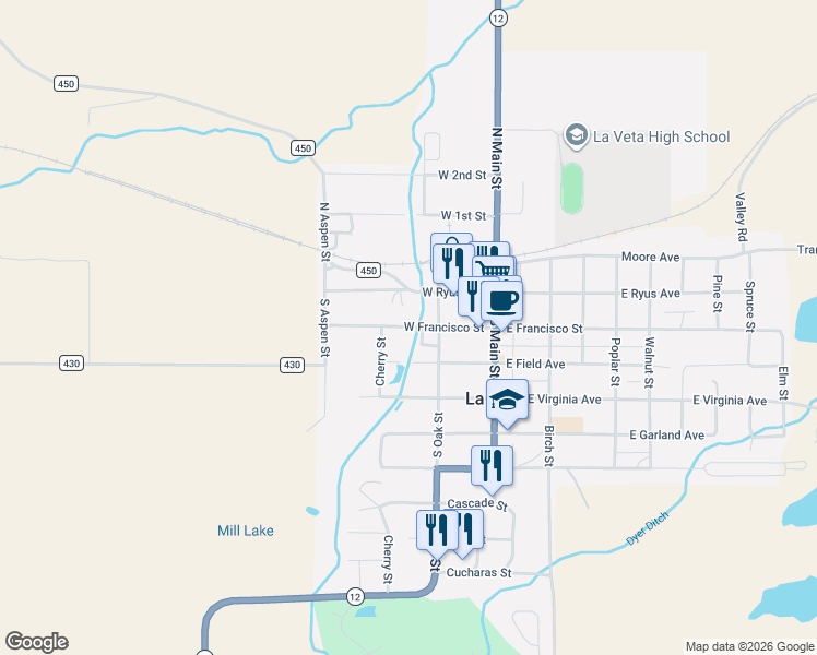 map of restaurants, bars, coffee shops, grocery stores, and more near West Francisco Street in La Veta