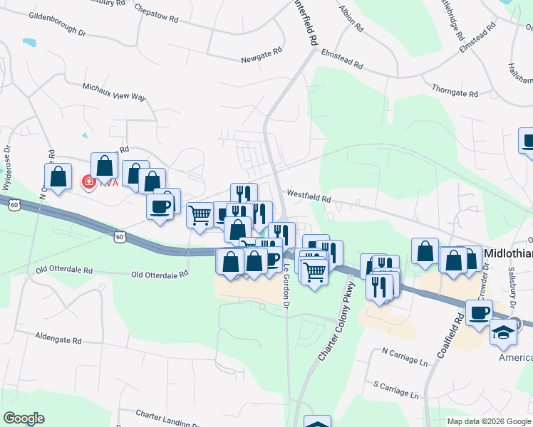map of restaurants, bars, coffee shops, grocery stores, and more near 1100 Winterlake Drive in Midlothian