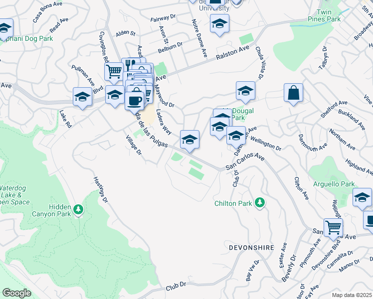 map of restaurants, bars, coffee shops, grocery stores, and more near 1315 Alameda de las Pulgas in Belmont