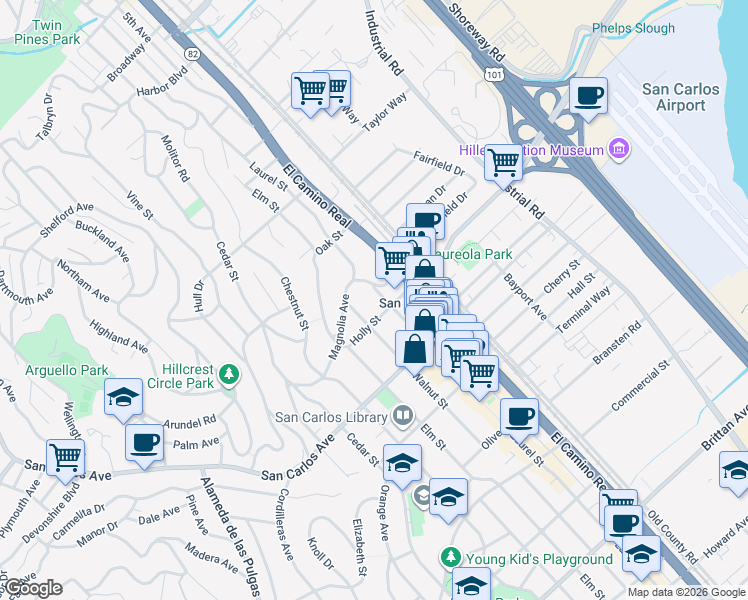 map of restaurants, bars, coffee shops, grocery stores, and more near 436 Laurel Street in San Carlos