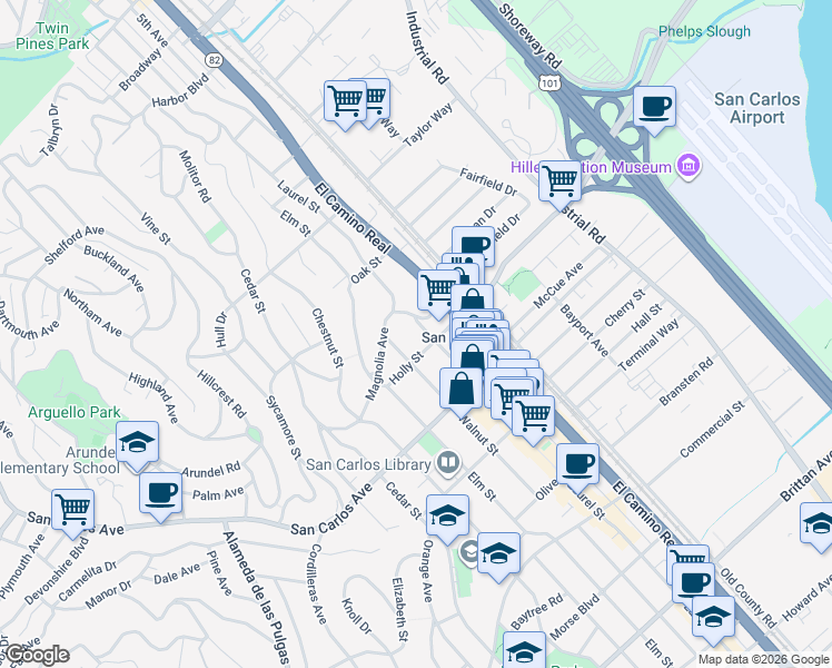 map of restaurants, bars, coffee shops, grocery stores, and more near 1290 Holly Street in San Carlos