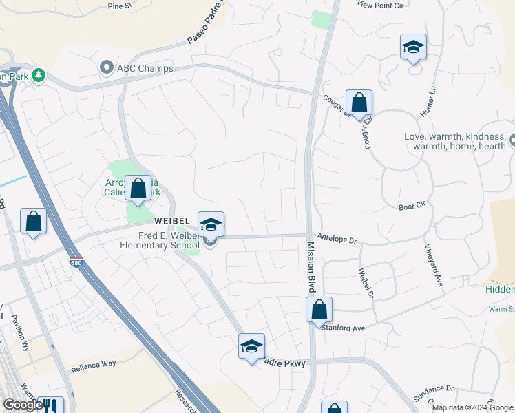 map of restaurants, bars, coffee shops, grocery stores, and more near 45075 Manzanita Court in Fremont