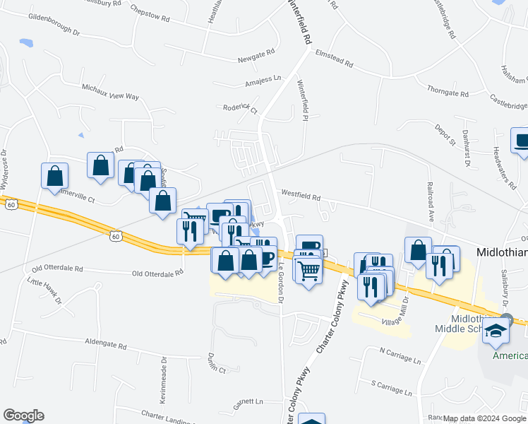 map of restaurants, bars, coffee shops, grocery stores, and more near Winterlake Court in Midlothian