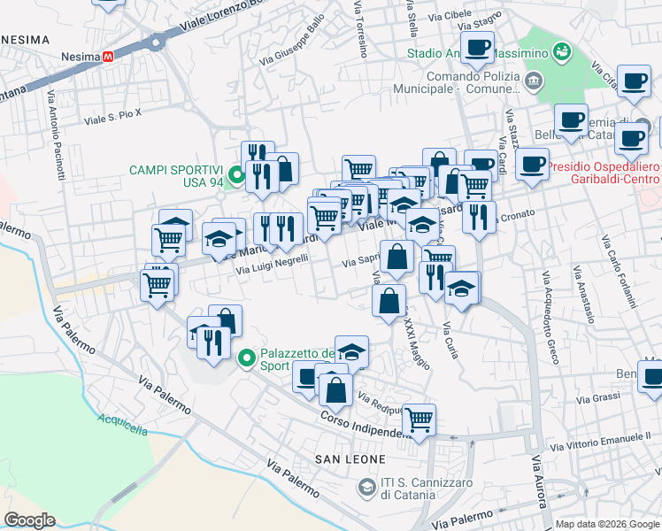 map of restaurants, bars, coffee shops, grocery stores, and more near 5 Via Enrico Toti in Catania