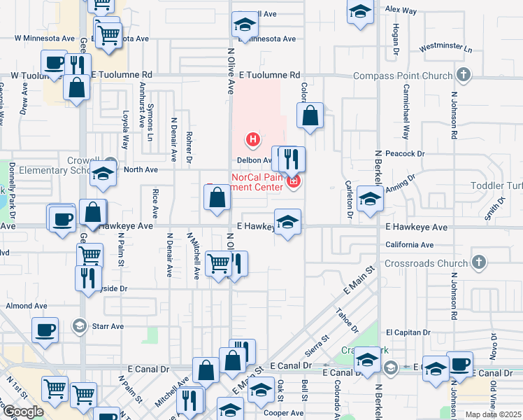 map of restaurants, bars, coffee shops, grocery stores, and more near 945 Grandview Circle in Turlock