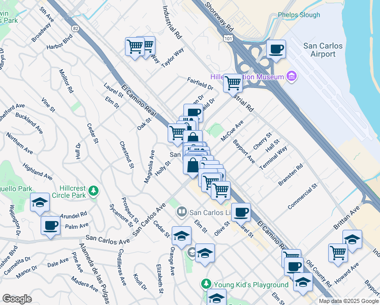 map of restaurants, bars, coffee shops, grocery stores, and more near 533 Laurel Street in San Carlos