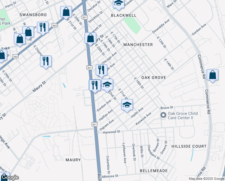 map of restaurants, bars, coffee shops, grocery stores, and more near 2207 Gordon Avenue in Richmond