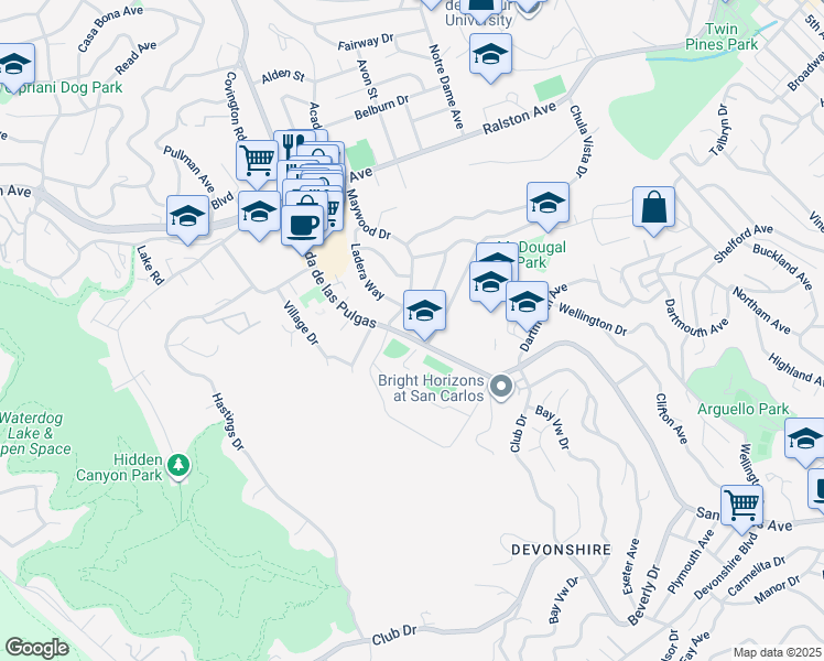 map of restaurants, bars, coffee shops, grocery stores, and more near 1315 Alameda de las Pulgas in Belmont