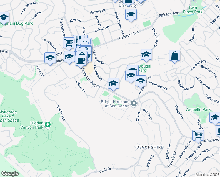 map of restaurants, bars, coffee shops, grocery stores, and more near 1923 Chula Vista Drive in Belmont