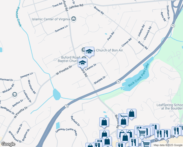 map of restaurants, bars, coffee shops, grocery stores, and more near 8725 Buford Square PIace in Richmond