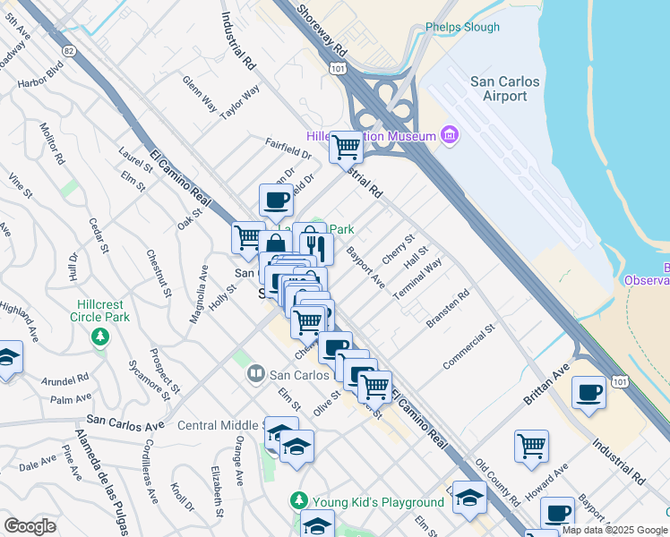 map of restaurants, bars, coffee shops, grocery stores, and more near 615 Old County Road in San Carlos