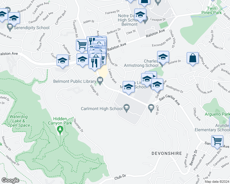 map of restaurants, bars, coffee shops, grocery stores, and more near 1205 Alameda de las Pulgas in Belmont