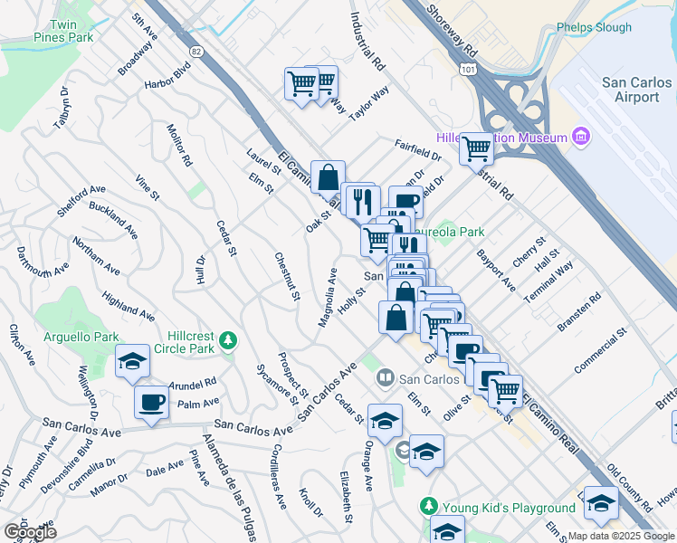 map of restaurants, bars, coffee shops, grocery stores, and more near 1289 Magnolia Avenue in San Carlos