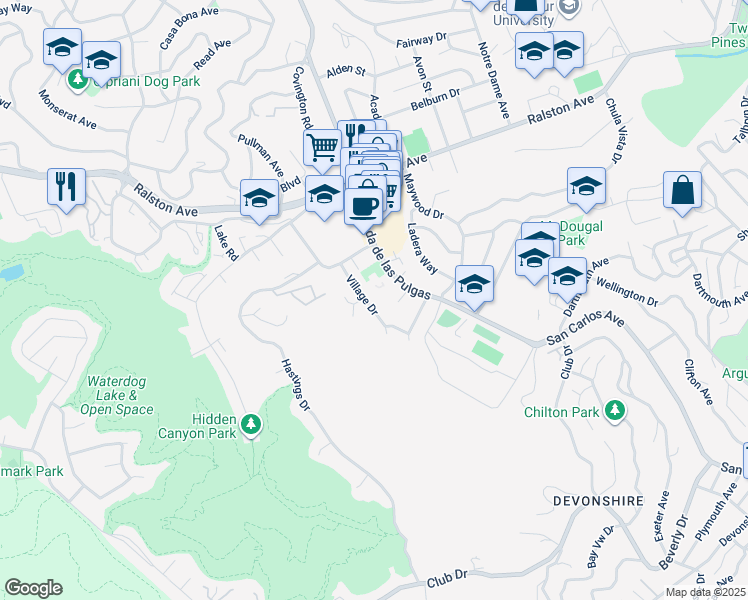 map of restaurants, bars, coffee shops, grocery stores, and more near 1146 Village Drive in Belmont