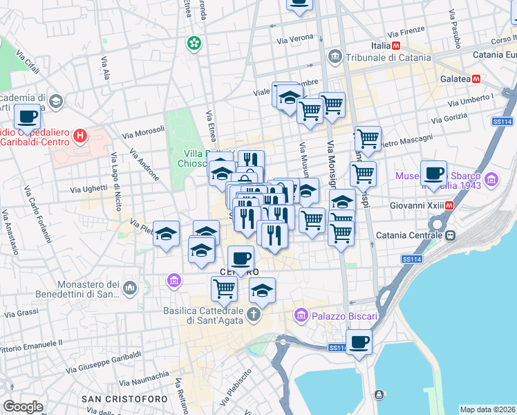 map of restaurants, bars, coffee shops, grocery stores, and more near 43-57 Corso Sicilia in Catania