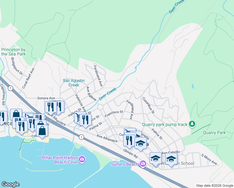 map of restaurants, bars, coffee shops, grocery stores, and more near 622 Columbus Street in Half Moon Bay