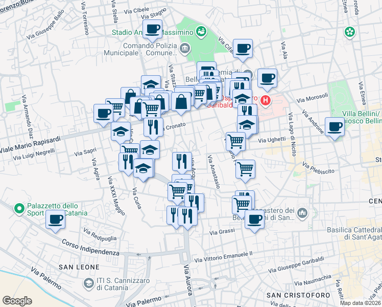 map of restaurants, bars, coffee shops, grocery stores, and more near 219 Via Acquedotto Greco in Catania
