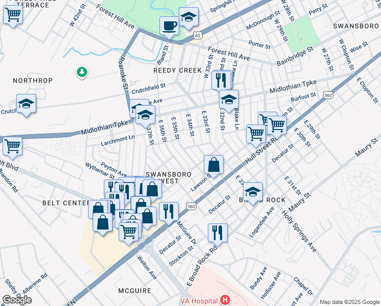 map of restaurants, bars, coffee shops, grocery stores, and more near 211 East 35th Street in Richmond