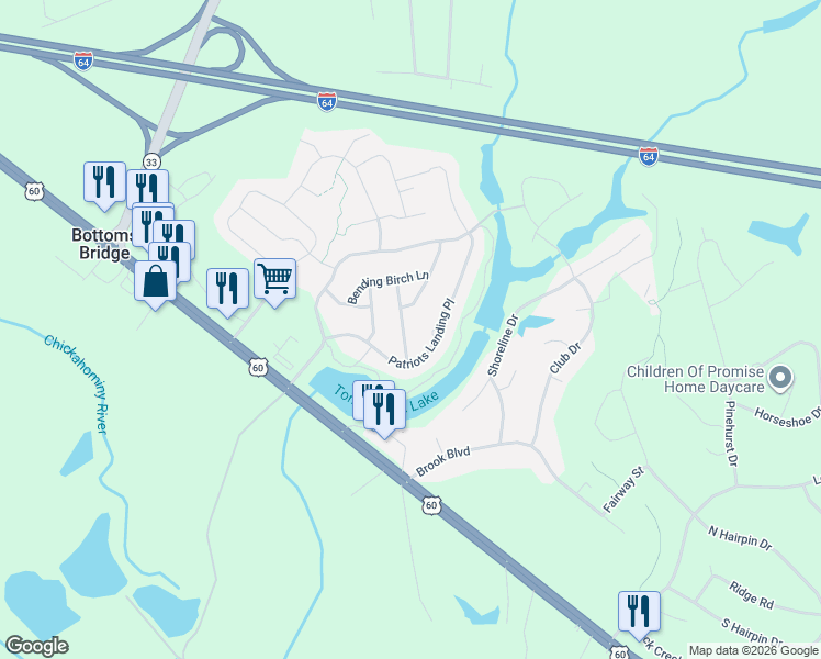 map of restaurants, bars, coffee shops, grocery stores, and more near 7551 English Boxwood Lane in Quinton