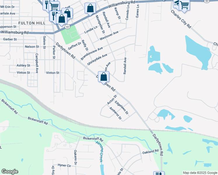 map of restaurants, bars, coffee shops, grocery stores, and more near 1591 Darbytown Road in Richmond
